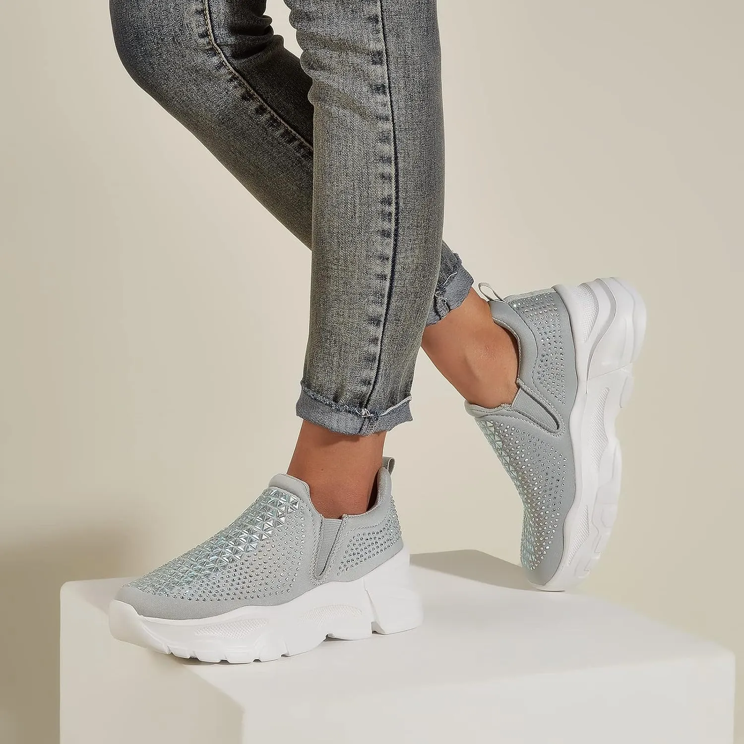 LUCKY STEP Women Slip On Rhinestone Sneaker Chunky Fashion Platform Sparkly Elastic Walking Shoes
