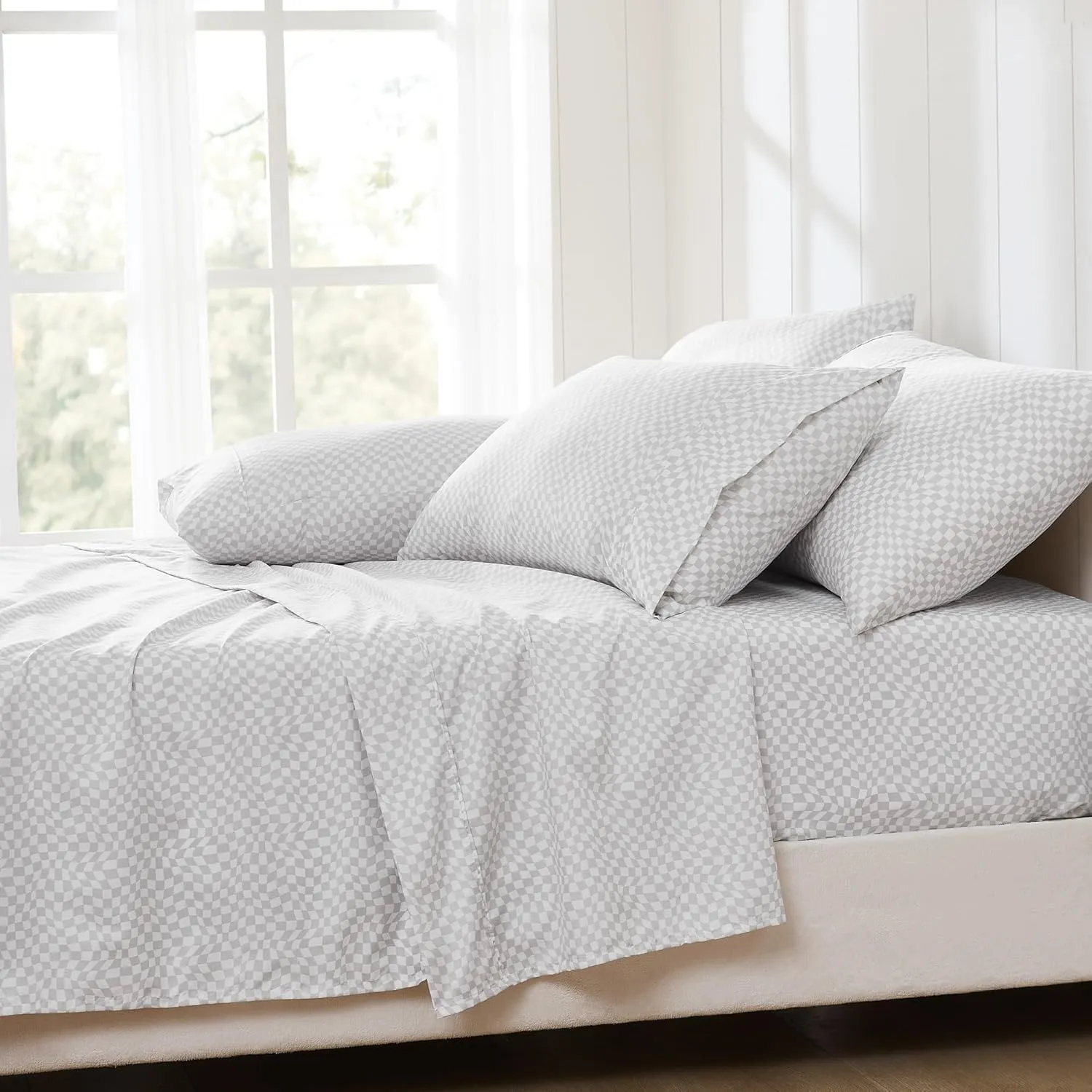 Lush Decor Circus Wavy Checks Sheet Set 6 Piece Set Full Light Gray - Checkered Sheets - Full Sheets - Geometric - Retro Decor