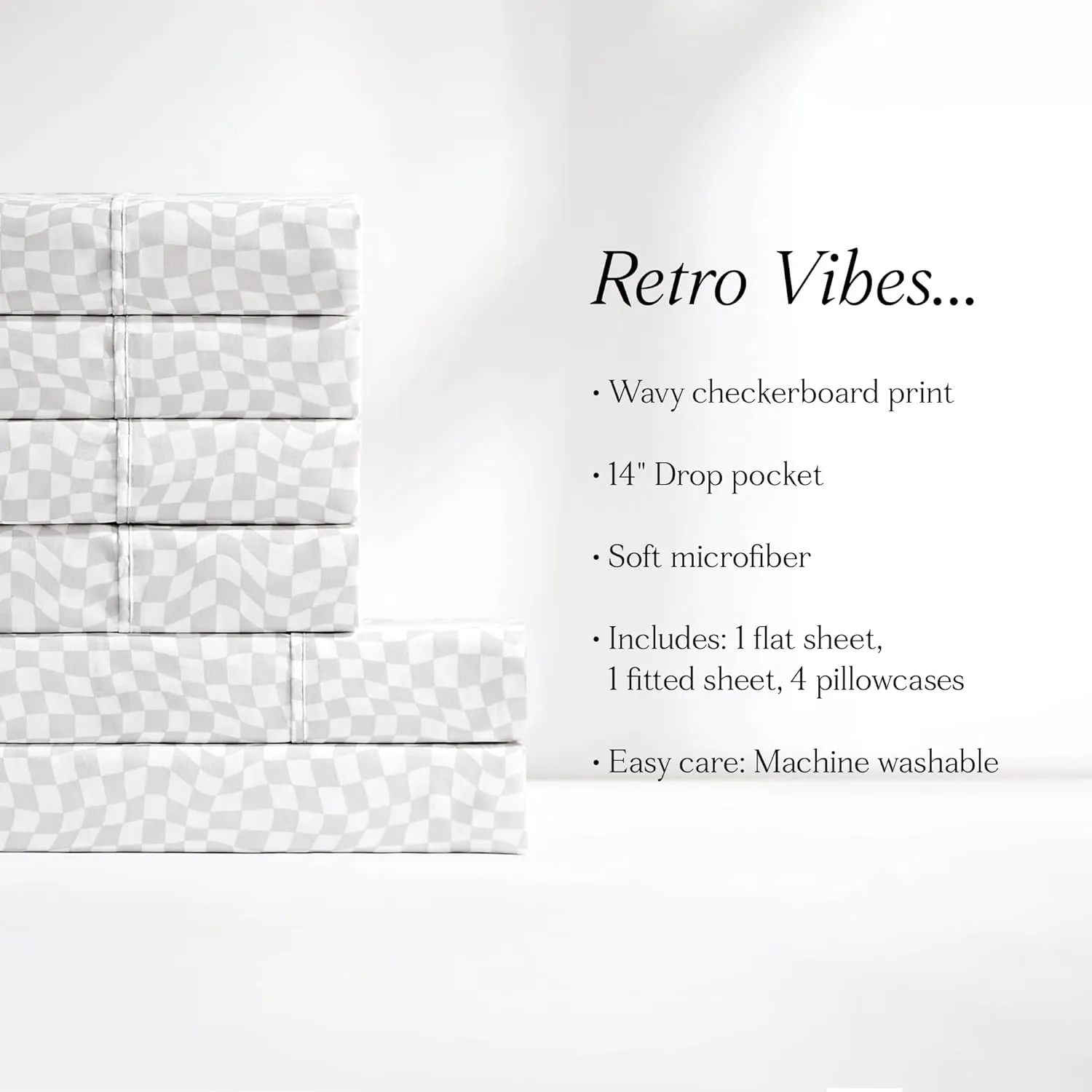 Lush Decor Circus Wavy Checks Sheet Set 6 Piece Set Full Light Gray - Checkered Sheets - Full Sheets - Geometric - Retro Decor