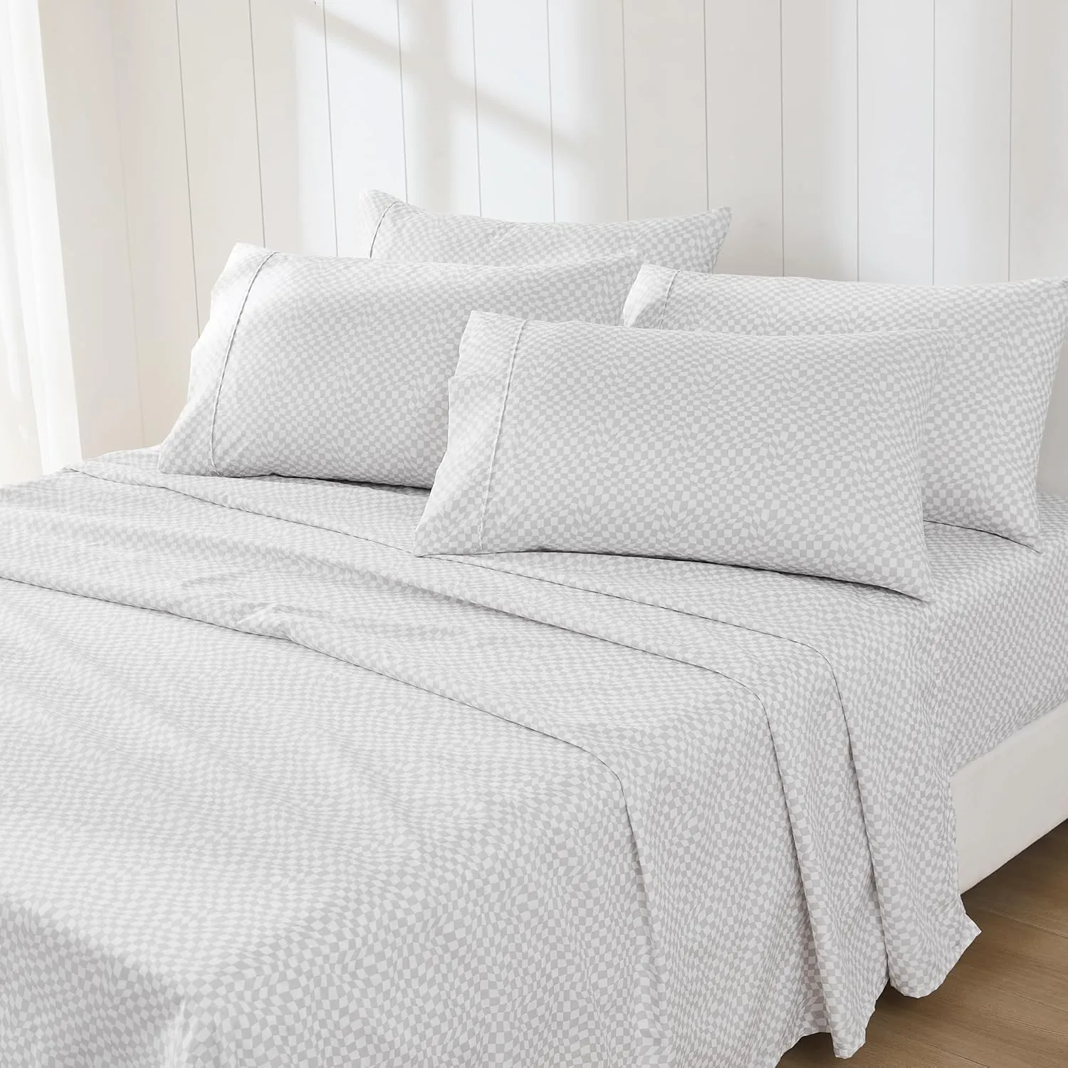 Lush Decor Circus Wavy Checks Sheet Set 6 Piece Set Full Light Gray - Checkered Sheets - Full Sheets - Geometric - Retro Decor