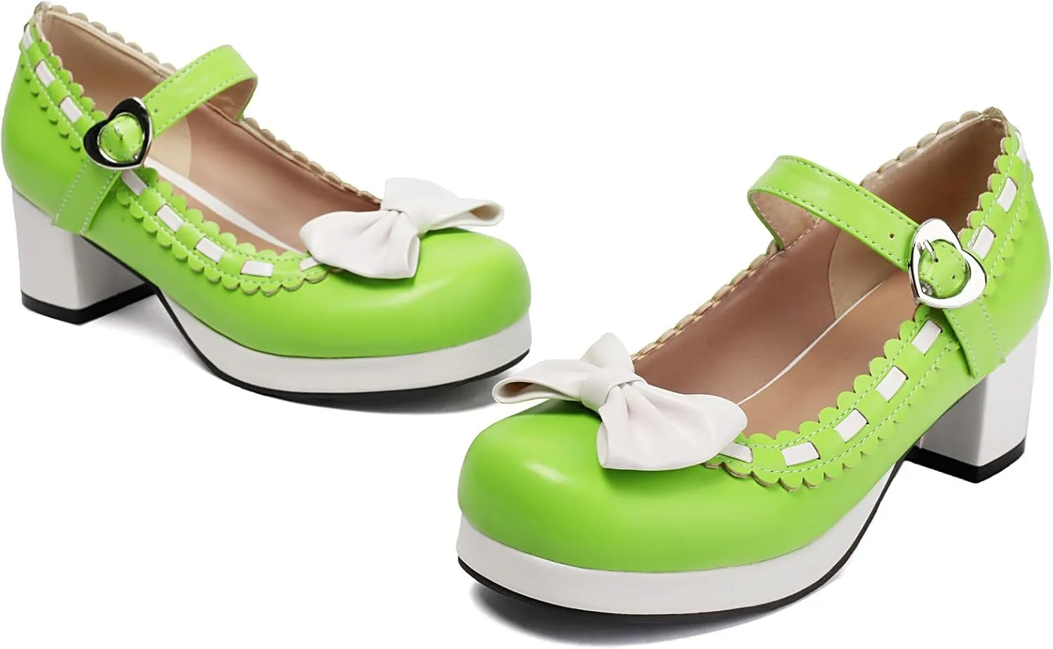LUXMAX Women's Kawaii Heels Cute Mary Janes Bow Shoes Chunky Heel Ankle Strap Pumps Platform High Heel Sweet Cosplay Shoes,Uniform Japanese Style Shoes