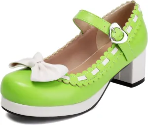LUXMAX Women's Kawaii Heels Cute Mary Janes Bow Shoes Chunky Heel Ankle Strap Pumps Platform High Heel Sweet Cosplay Shoes,Uniform Japanese Style Shoes