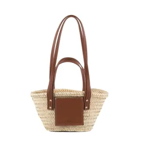 Luxury French Basket with Double Flat Leather Handles - High-End Woven Straw Tote Bag for Women, Chic Boho Handbag, Premium Eco-Friendly Market Basket. (Brown)