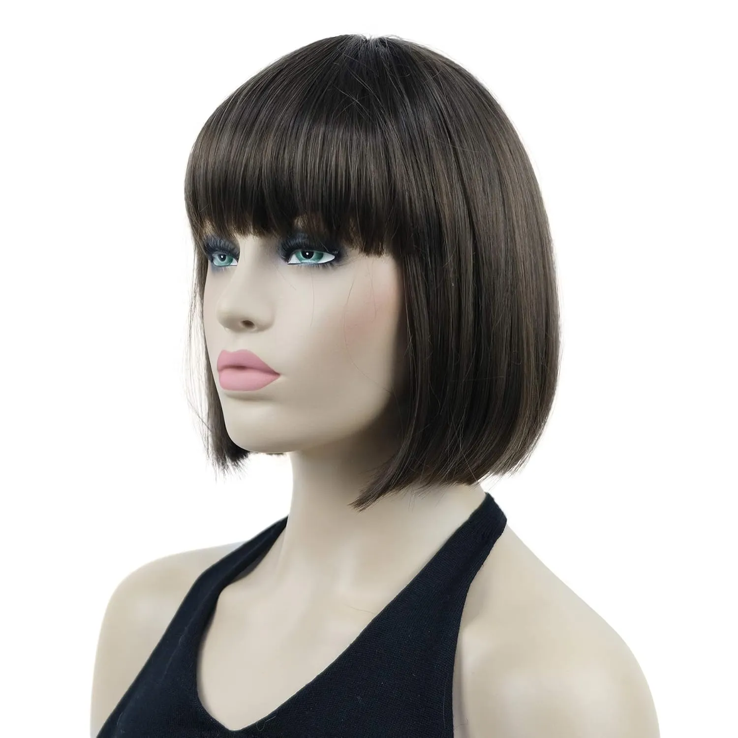 Lydell 8" Straight Short Bob Hair Flat Bangs Cute Central Dot Skin Top Heat Resistant Synthetic Wigs (8 Light Chestnut Brown)