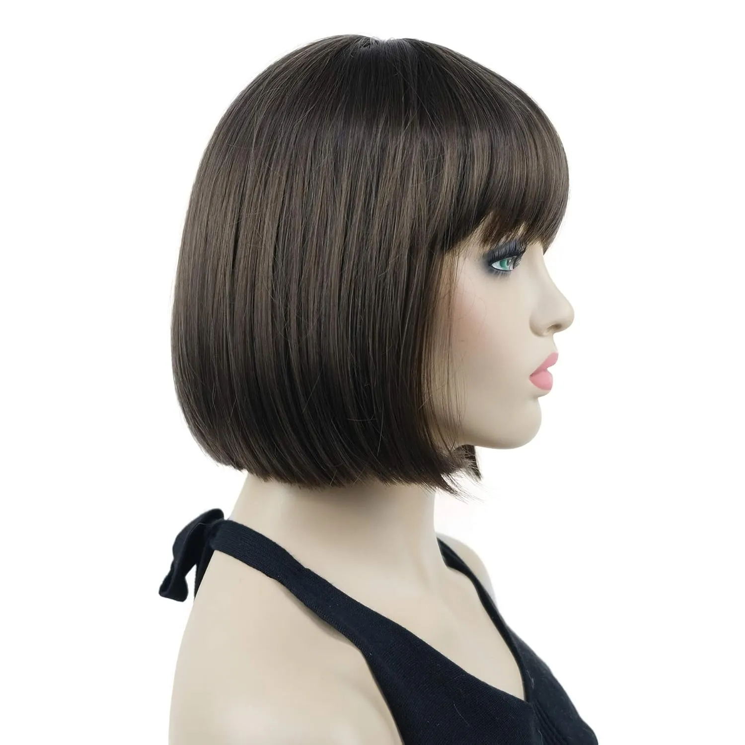 Lydell 8" Straight Short Bob Hair Flat Bangs Cute Central Dot Skin Top Heat Resistant Synthetic Wigs (8 Light Chestnut Brown)