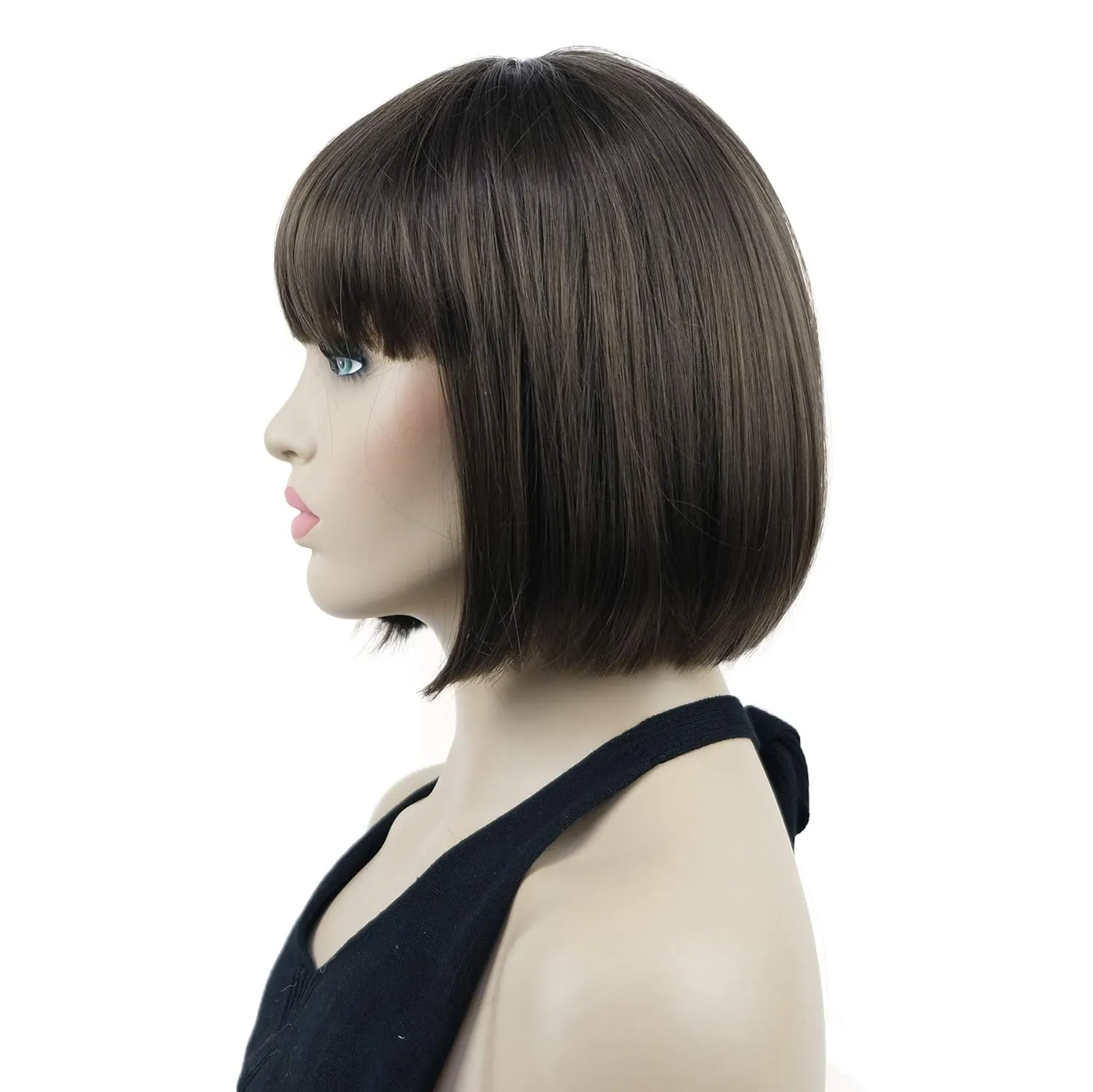 Lydell 8" Straight Short Bob Hair Flat Bangs Cute Central Dot Skin Top Heat Resistant Synthetic Wigs (8 Light Chestnut Brown)