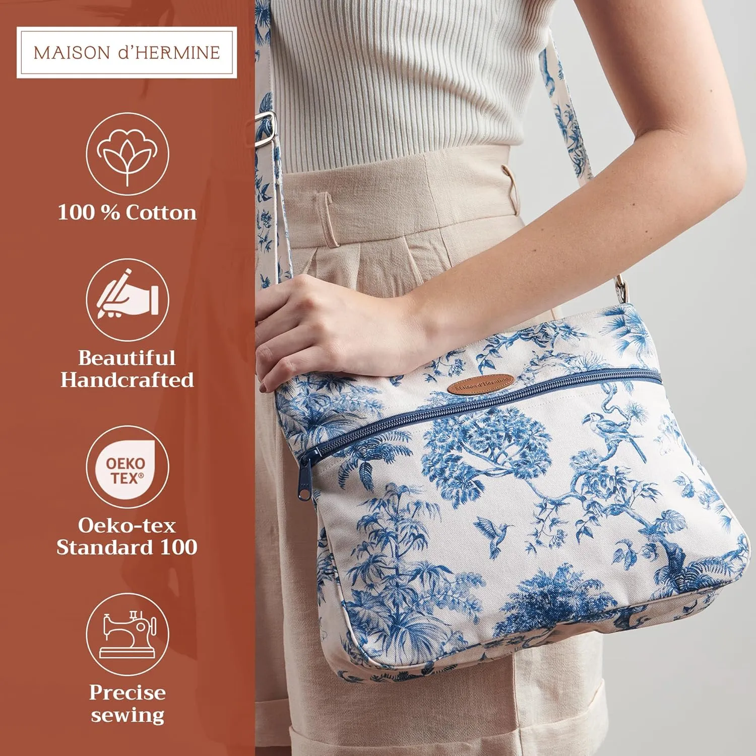 Maison d' Hermine Cross Body Bag Cotton Adjustable Shoulder Strap Hand Bag Tote purse with Zippered & Slip Pockets