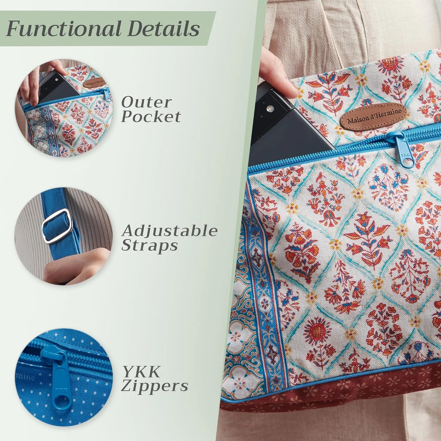 Maison d' Hermine Cross Body Bag Cotton Adjustable Shoulder Strap Hand Bag Tote purse with Zippered & Slip Pockets