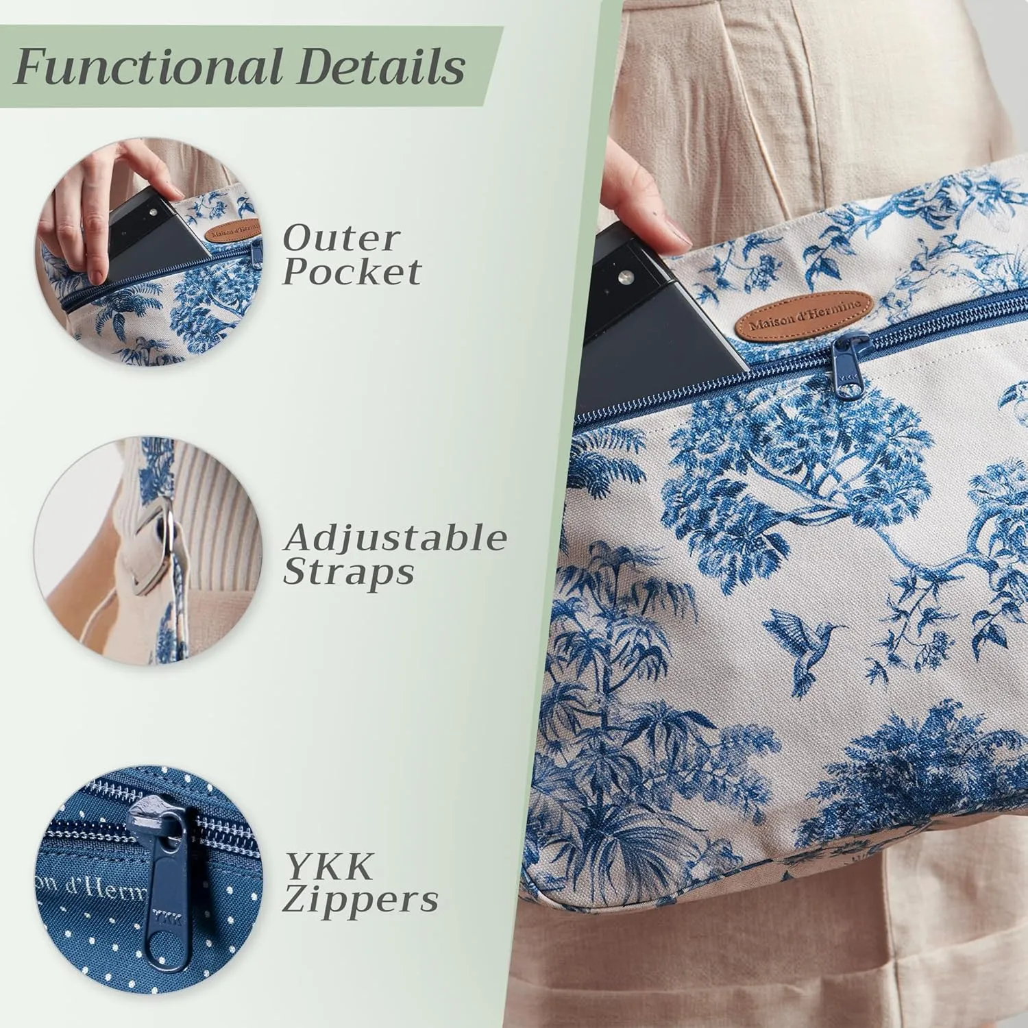 Maison d' Hermine Cross Body Bag Cotton Adjustable Shoulder Strap Hand Bag Tote purse with Zippered & Slip Pockets