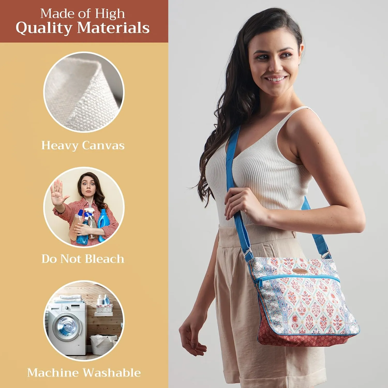 Maison d' Hermine Cross Body Bag Cotton Adjustable Shoulder Strap Hand Bag Tote purse with Zippered & Slip Pockets