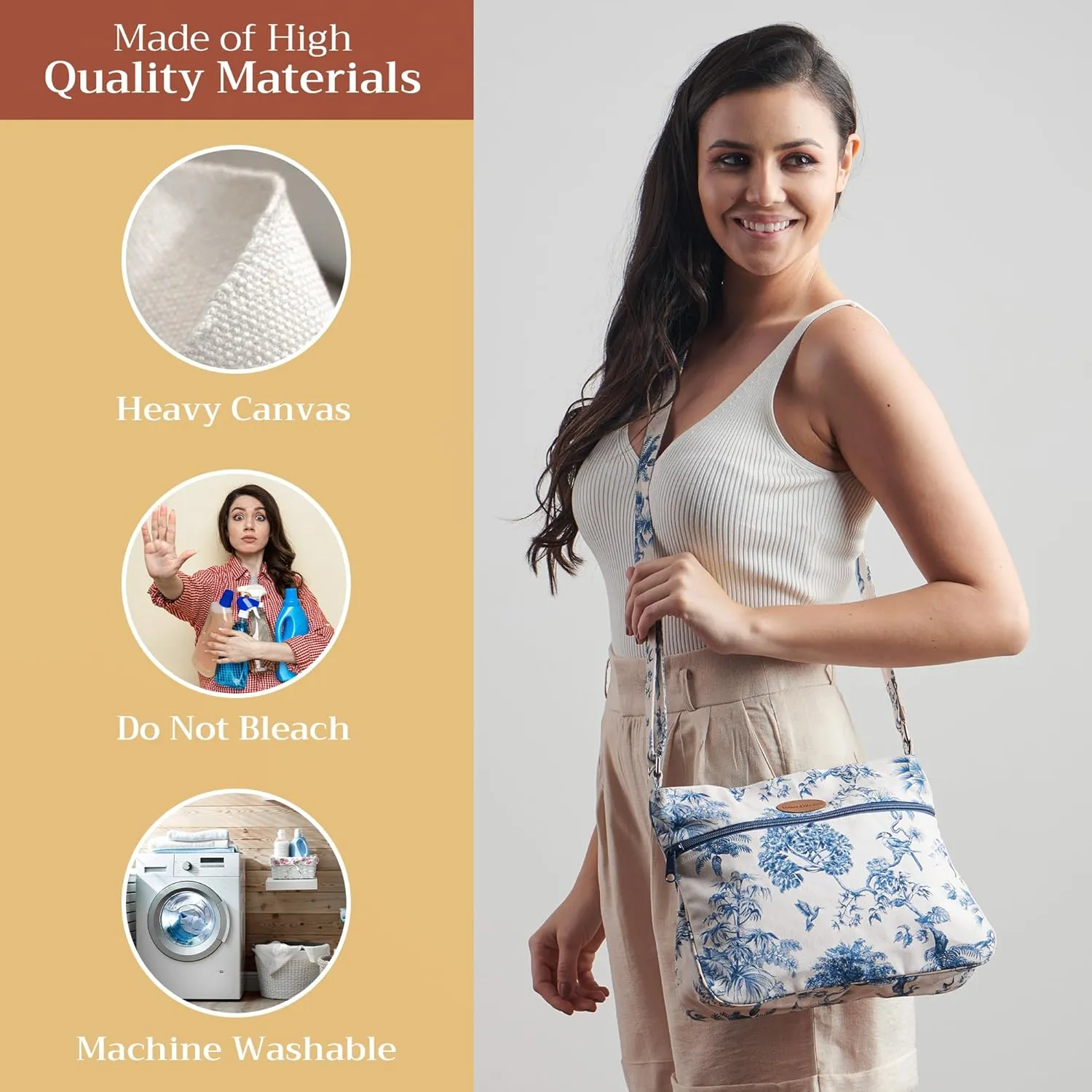 Maison d' Hermine Cross Body Bag Cotton Adjustable Shoulder Strap Hand Bag Tote purse with Zippered & Slip Pockets