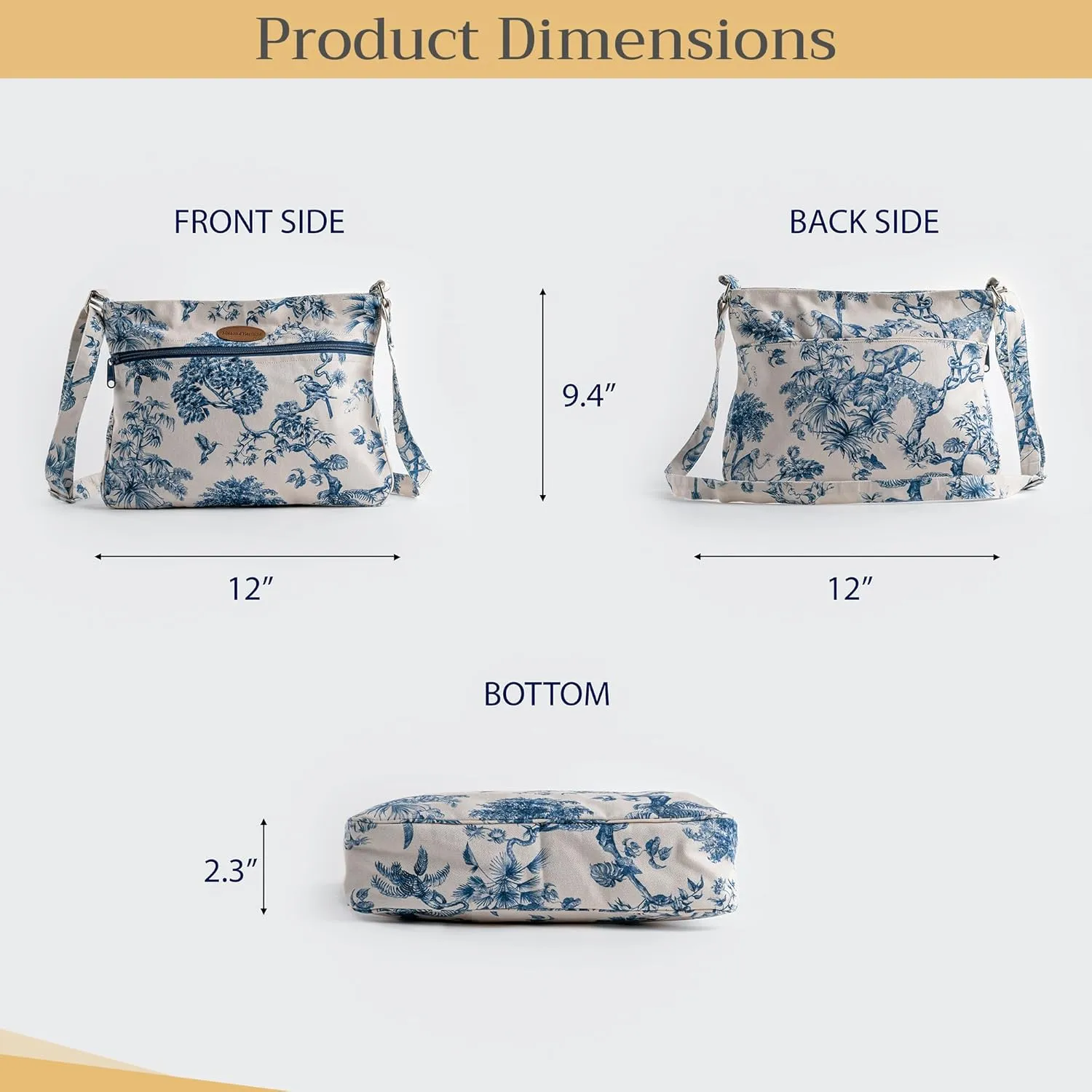 Maison d' Hermine Cross Body Bag Cotton Adjustable Shoulder Strap Hand Bag Tote purse with Zippered & Slip Pockets