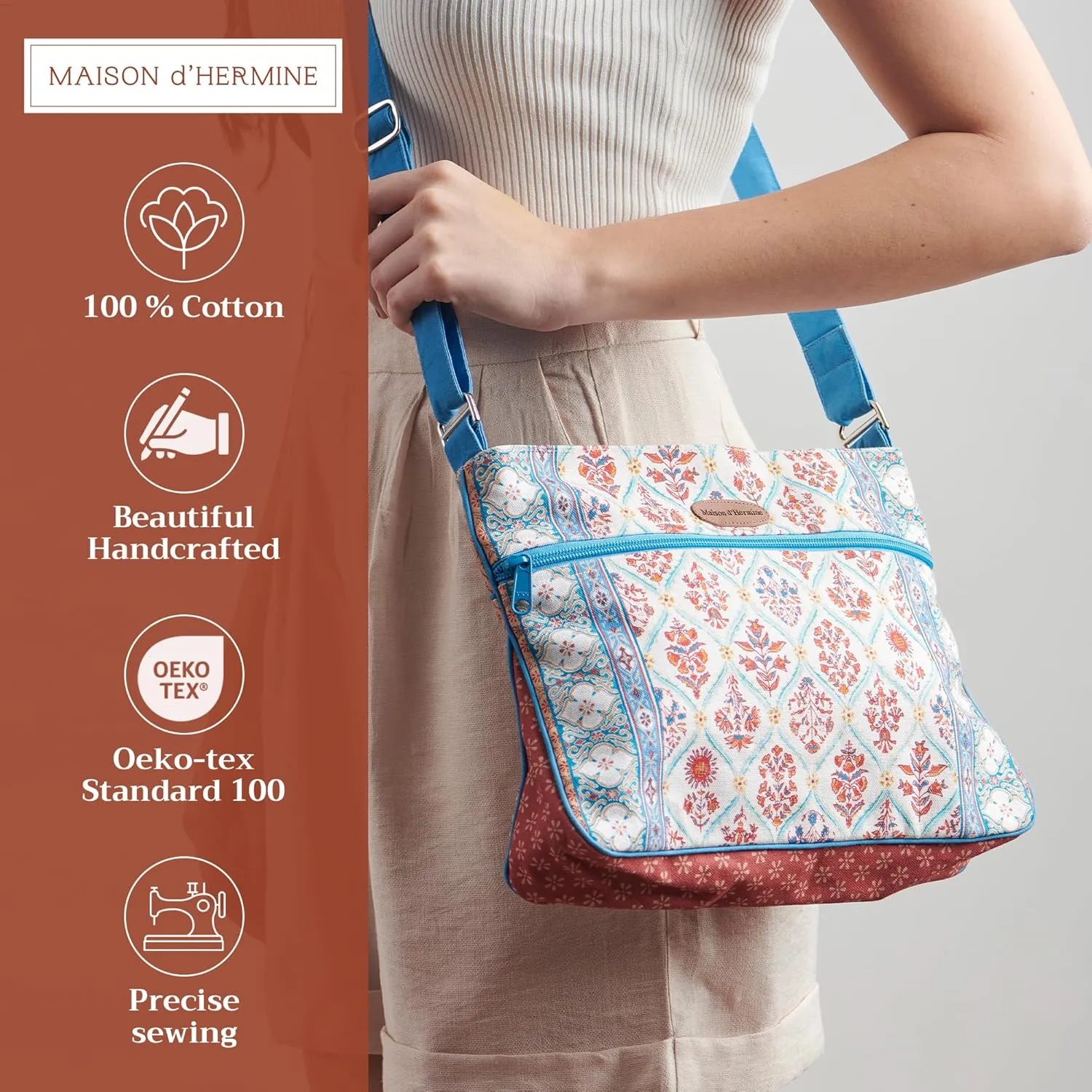 Maison d' Hermine Cross Body Bag Cotton Adjustable Shoulder Strap Hand Bag Tote purse with Zippered & Slip Pockets