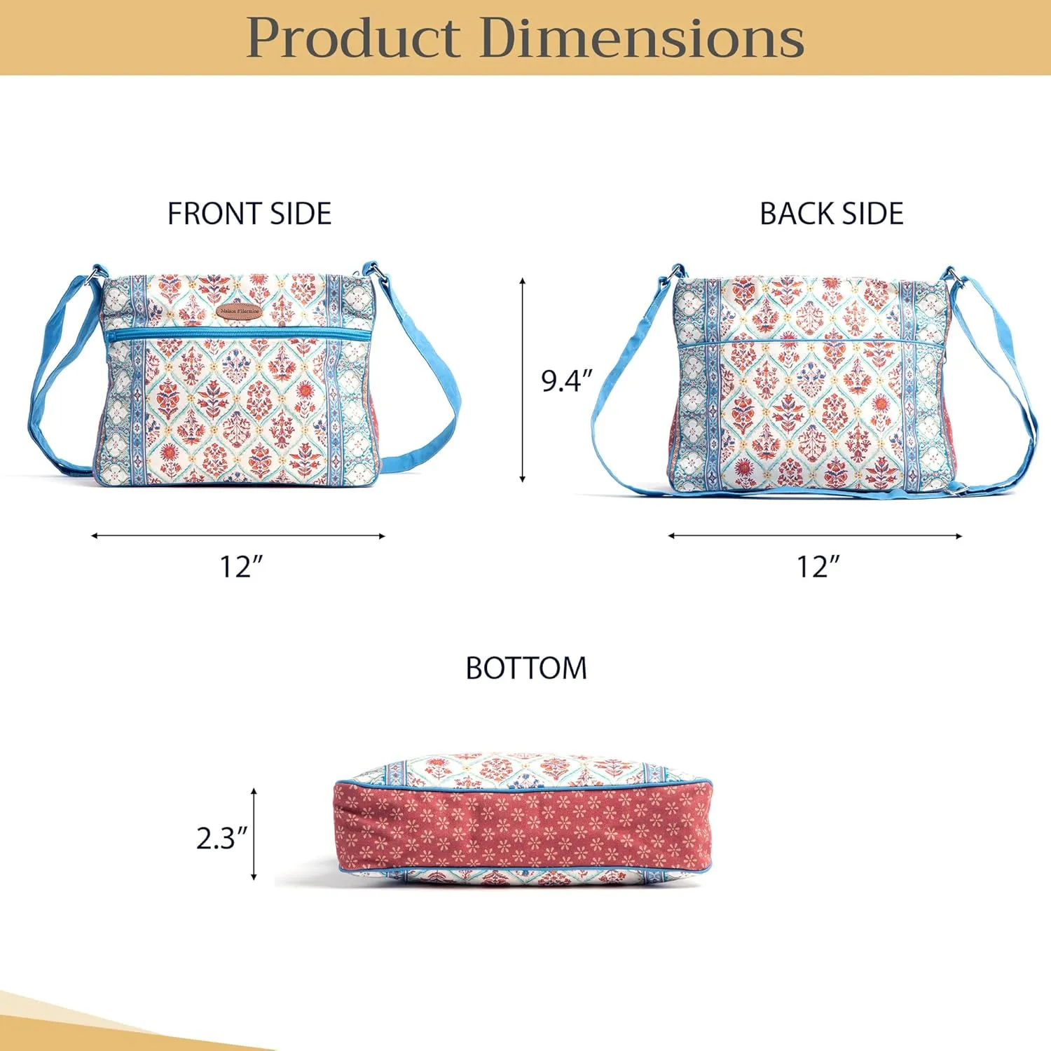 Maison d' Hermine Cross Body Bag Cotton Adjustable Shoulder Strap Hand Bag Tote purse with Zippered & Slip Pockets