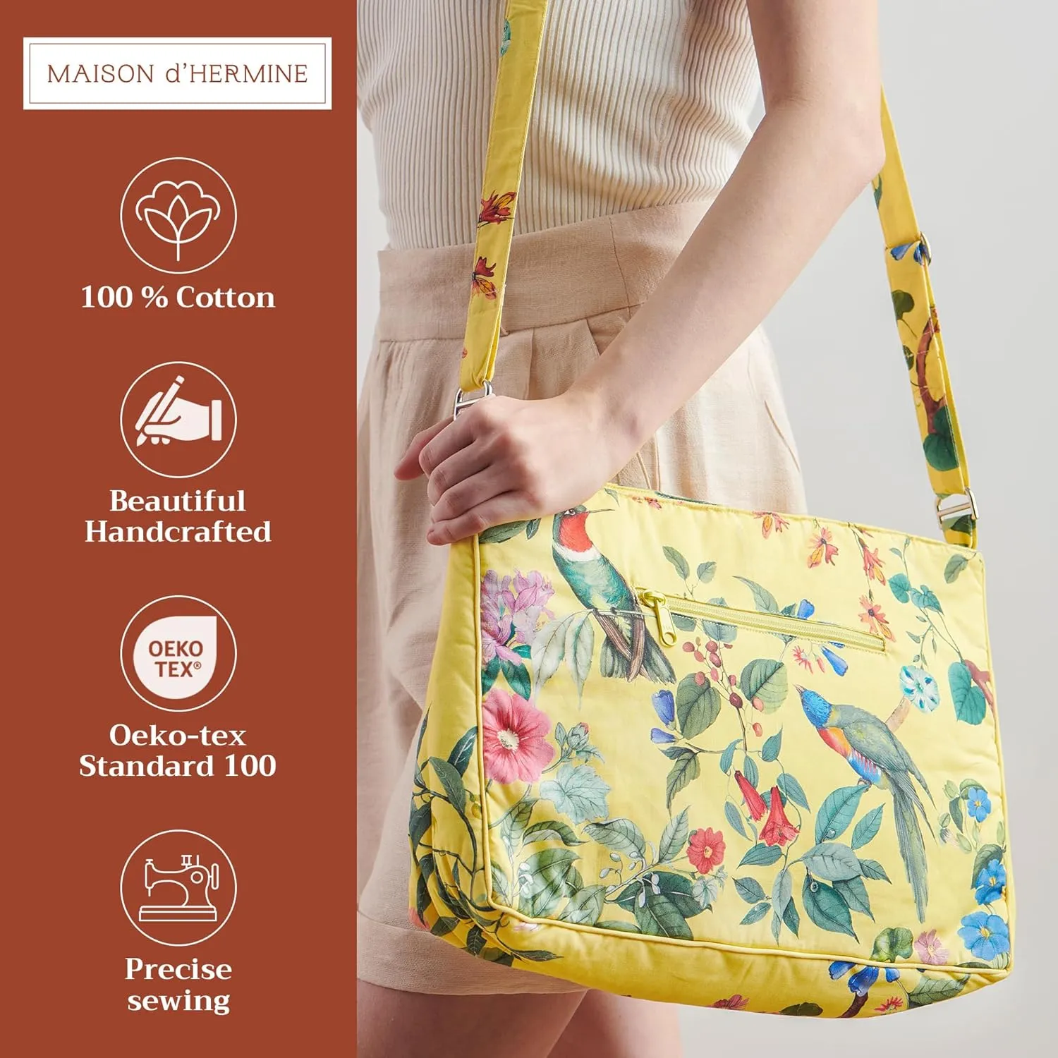 Maison d' Hermine Hand Bag Cotton Adjustable Shoulder Strap Cross Body Bag Tote purse with Zippered & Slip Pockets