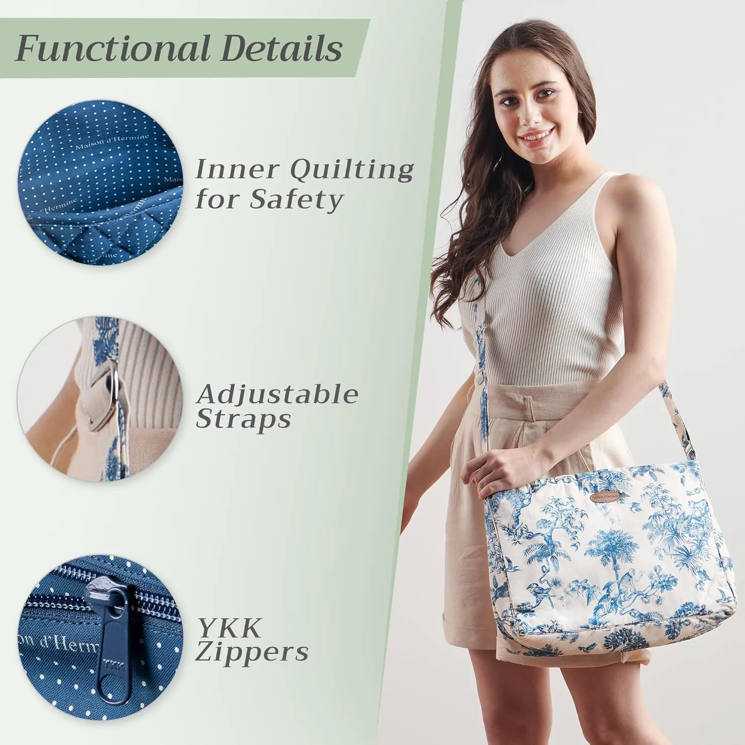 Maison d' Hermine Hand Bag Cotton Adjustable Shoulder Strap Cross Body Bag Tote purse with Zippered & Slip Pockets