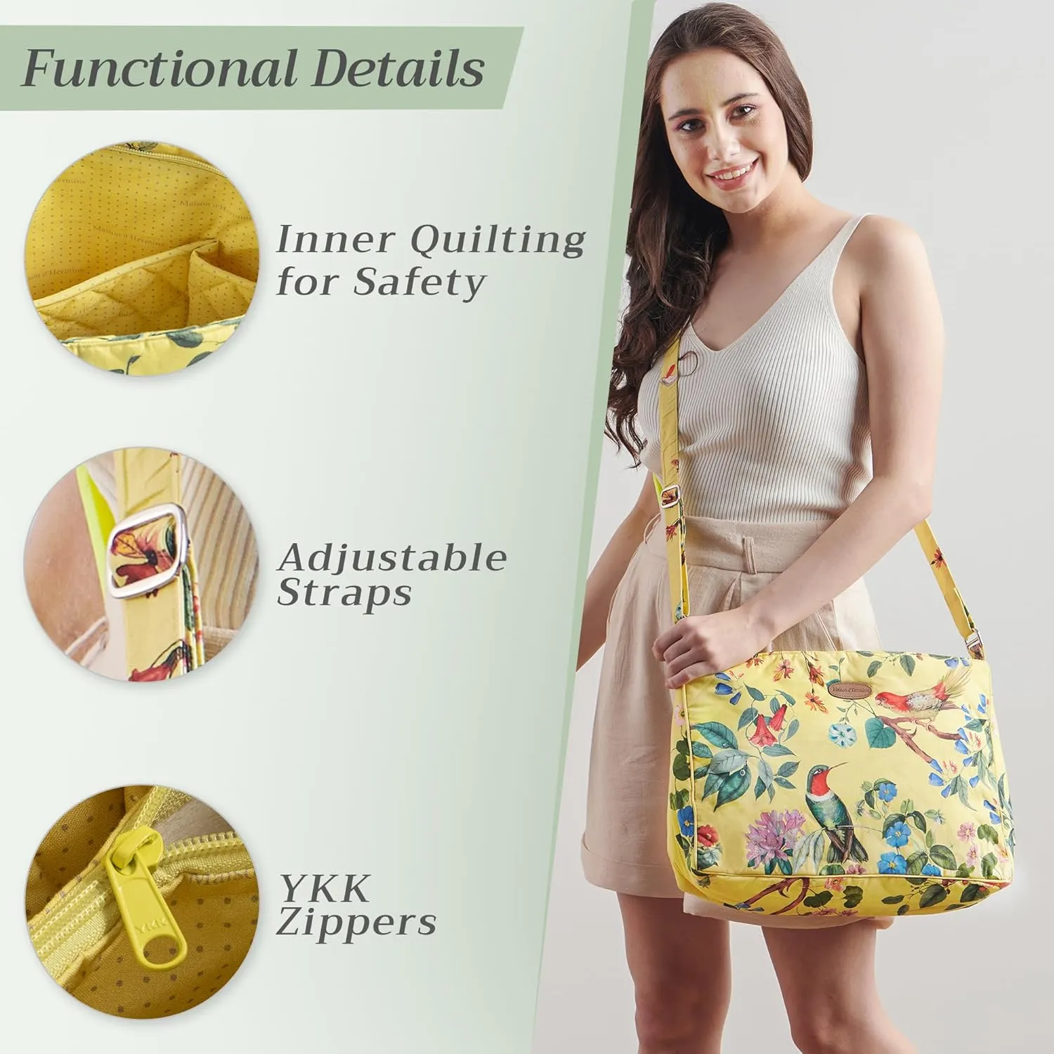 Maison d' Hermine Hand Bag Cotton Adjustable Shoulder Strap Cross Body Bag Tote purse with Zippered & Slip Pockets