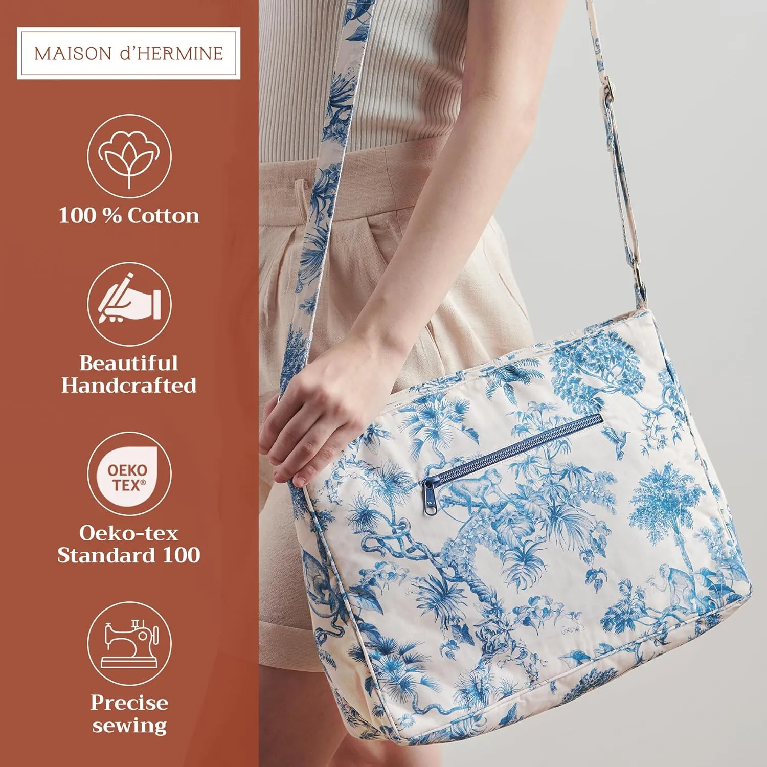 Maison d' Hermine Hand Bag Cotton Adjustable Shoulder Strap Cross Body Bag Tote purse with Zippered & Slip Pockets
