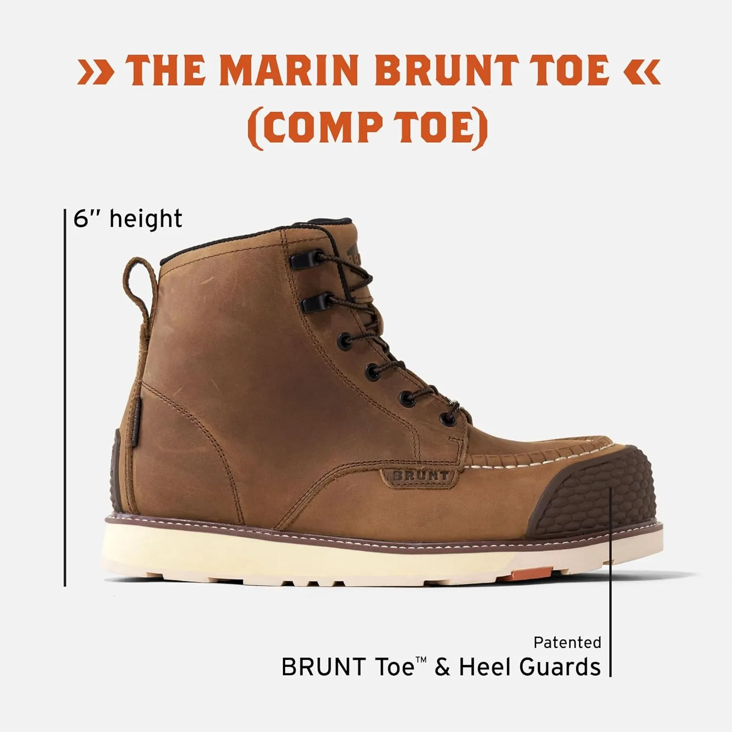 Marin BRUNT Toe (Comp Toe) - Brown - 6" Waterproof Reinforced Wedge Work Boot - EH Rated - Slip   Oil Resistant - Adjustable Width System