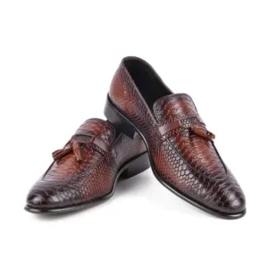 Men handmade shaded tan brown alligator texture leather tassels loafers