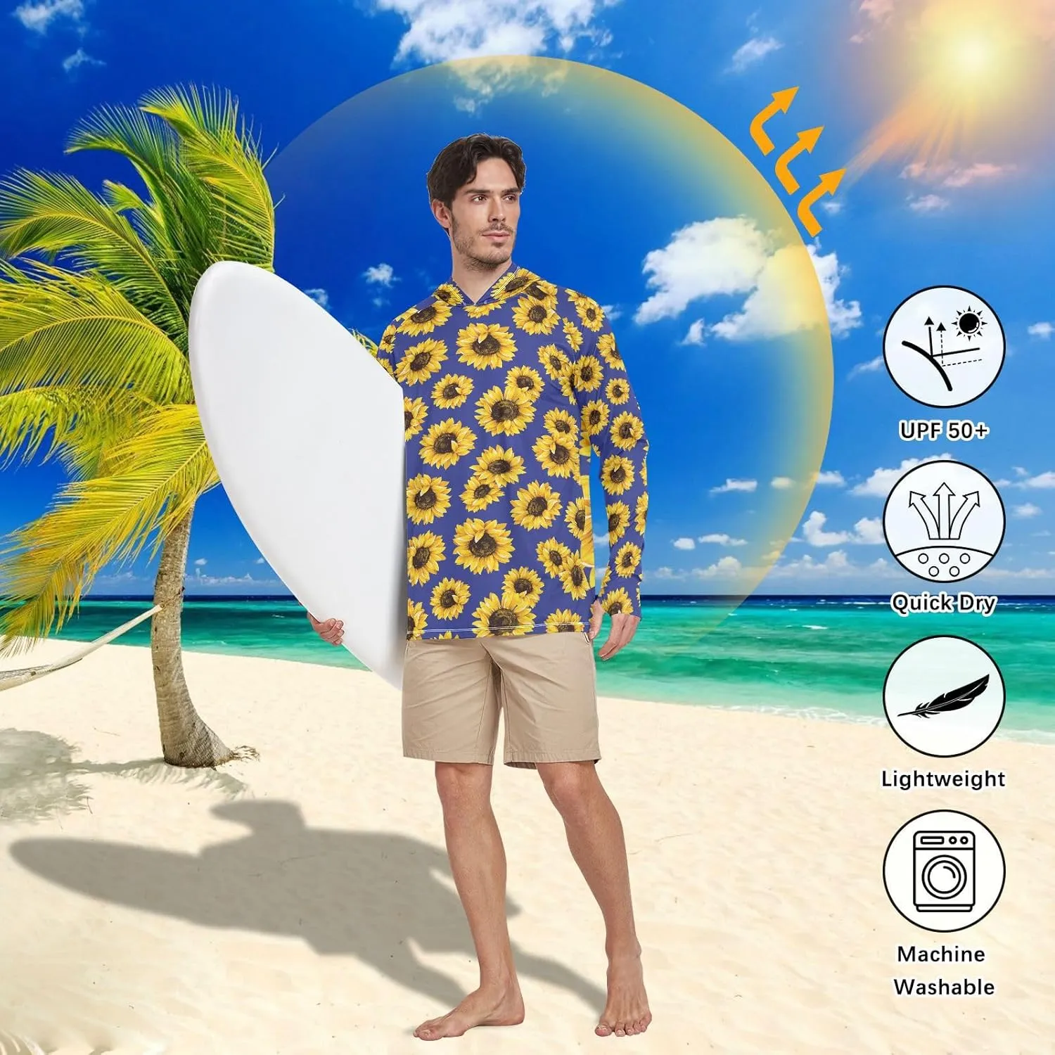 Men Sun Protection Hoodies Long Sleeve Sunflower Mens Sun Shirts UPF 50  Beach Hoodie UV Rash Guard Hooded