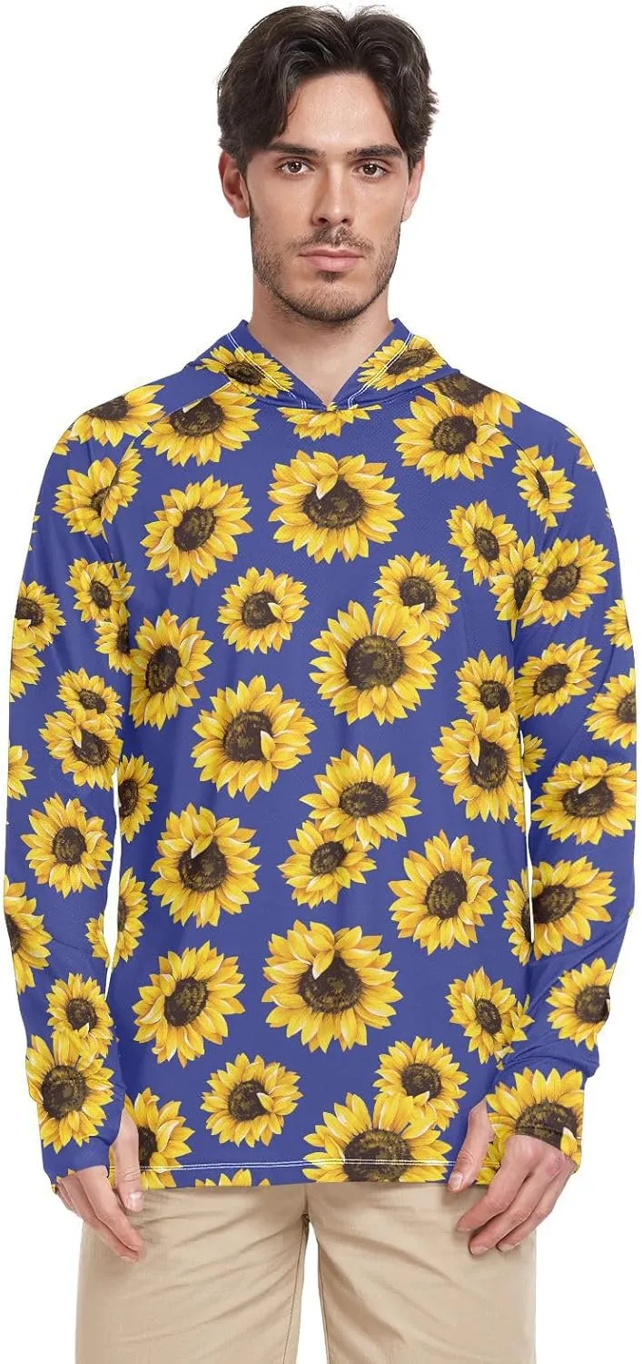 Men Sun Protection Hoodies Long Sleeve Sunflower Mens Sun Shirts UPF 50  Beach Hoodie UV Rash Guard Hooded