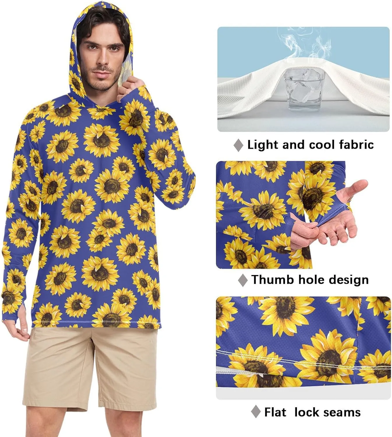 Men Sun Protection Hoodies Long Sleeve Sunflower Mens Sun Shirts UPF 50  Beach Hoodie UV Rash Guard Hooded