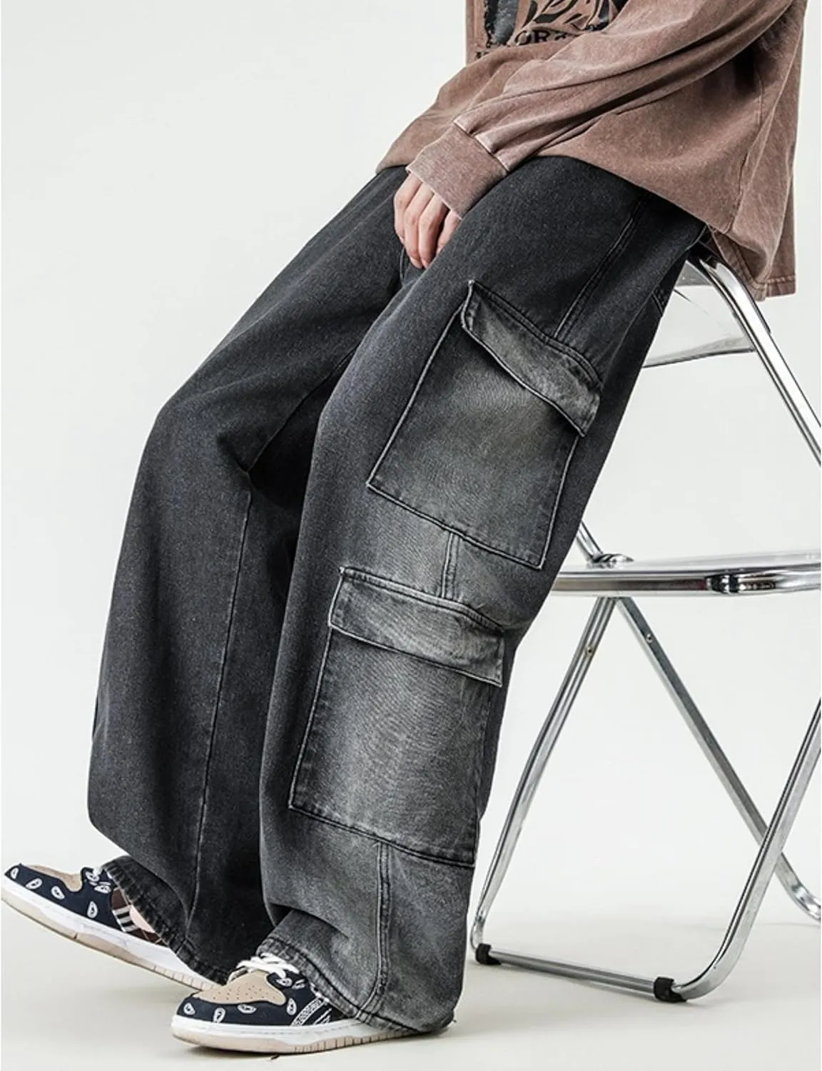 Mens Baggy Jeans Y2k Hip Hop Cargo Jeans Vintage Skater Jeans Wide Leg Demin Skateboard Pants