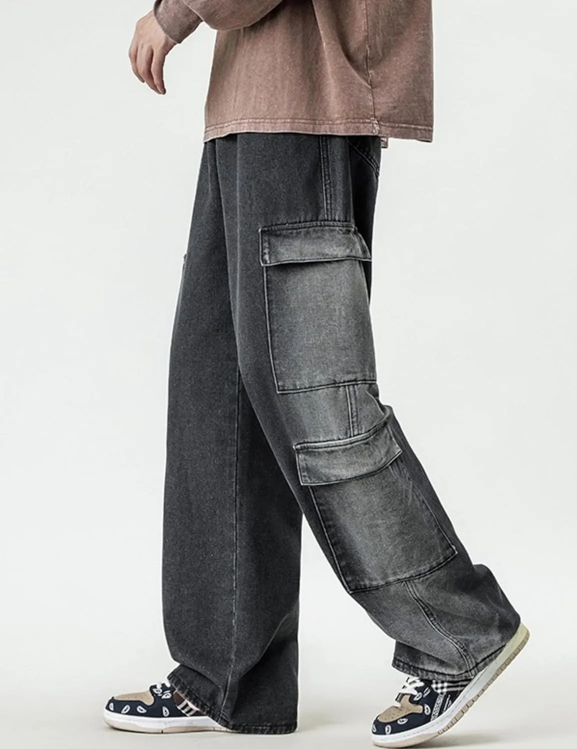 Mens Baggy Jeans Y2k Hip Hop Cargo Jeans Vintage Skater Jeans Wide Leg Demin Skateboard Pants