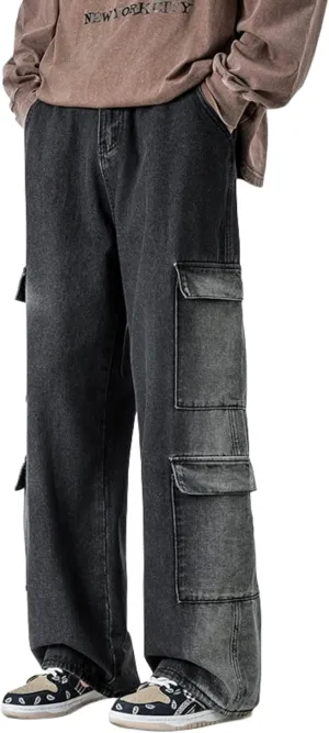Mens Baggy Jeans Y2k Hip Hop Cargo Jeans Vintage Skater Jeans Wide Leg Demin Skateboard Pants