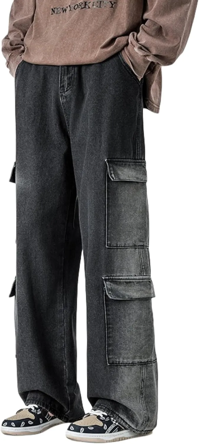 Mens Baggy Jeans Y2k Hip Hop Cargo Jeans Vintage Skater Jeans Wide Leg Demin Skateboard Pants