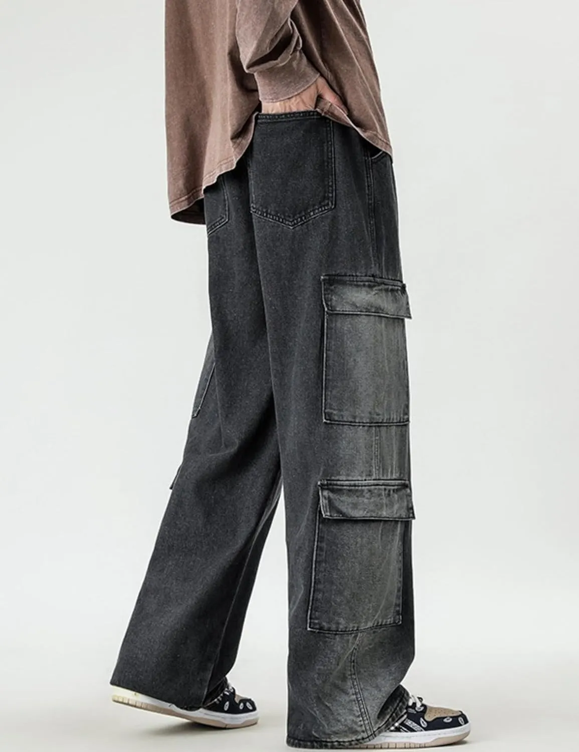 Mens Baggy Jeans Y2k Hip Hop Cargo Jeans Vintage Skater Jeans Wide Leg Demin Skateboard Pants