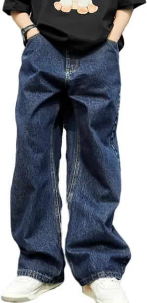 Mens Baggy Jeans Y2k Skater Vintage Plain Pants Casual Wide Leg Loose Fit Denim Hip Hop Jean