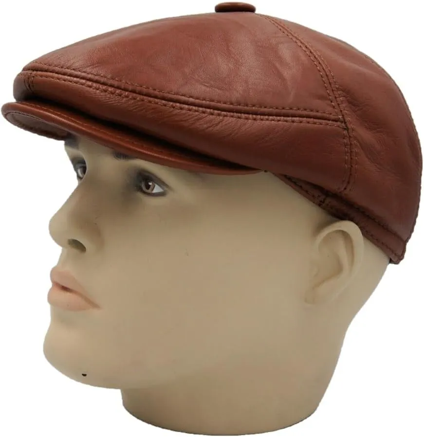 Men's Brown Ivy League Classic Flat Cap - Newsboy Cap - Genuine Sheepskin Leather - Warm & Breathable - Ear Warmer