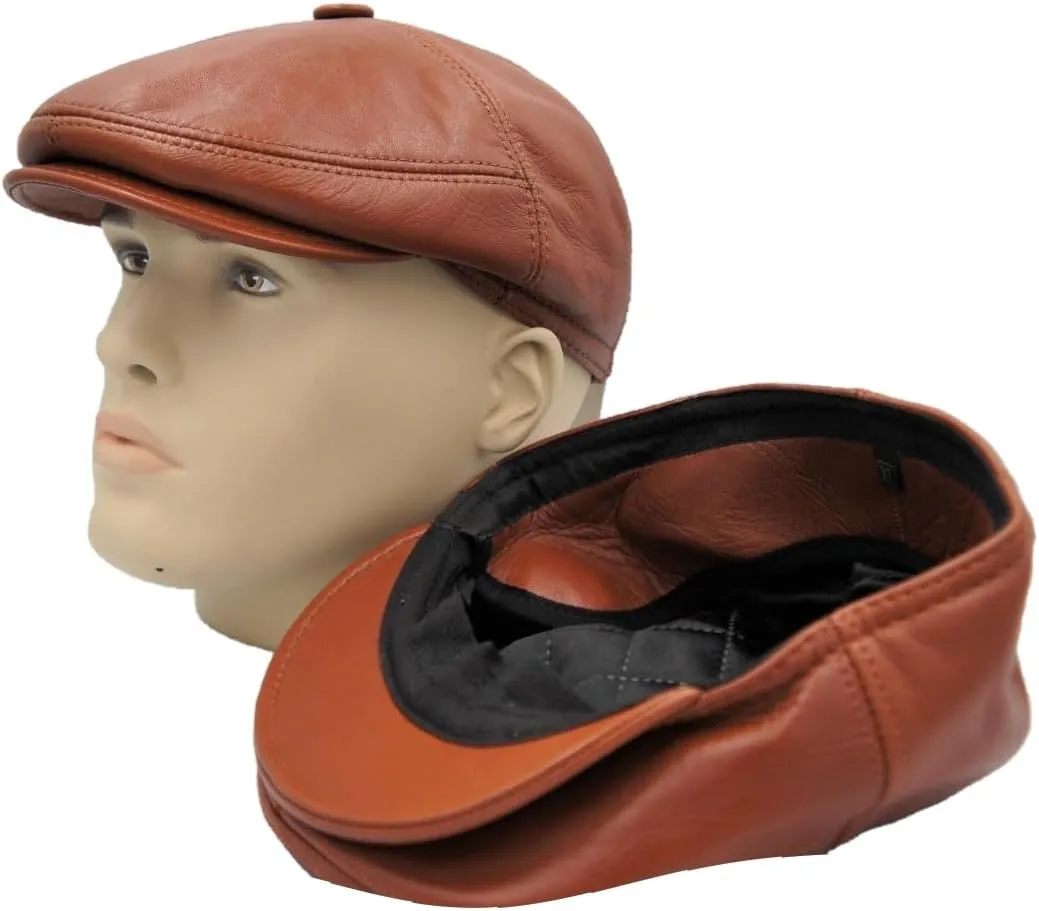 Men's Brown Ivy League Classic Flat Cap - Newsboy Cap - Genuine Sheepskin Leather - Warm & Breathable - Ear Warmer