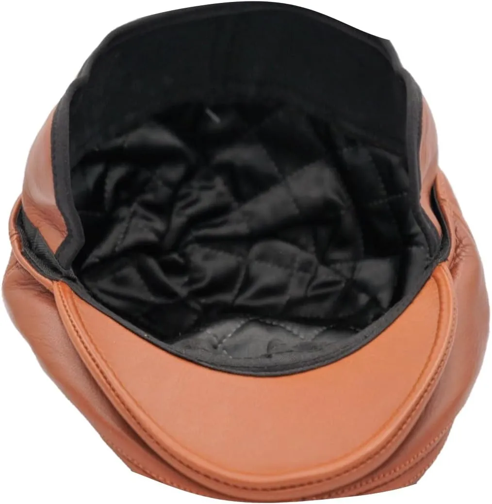 Men's Brown Ivy League Classic Flat Cap - Newsboy Cap - Genuine Sheepskin Leather - Warm & Breathable - Ear Warmer