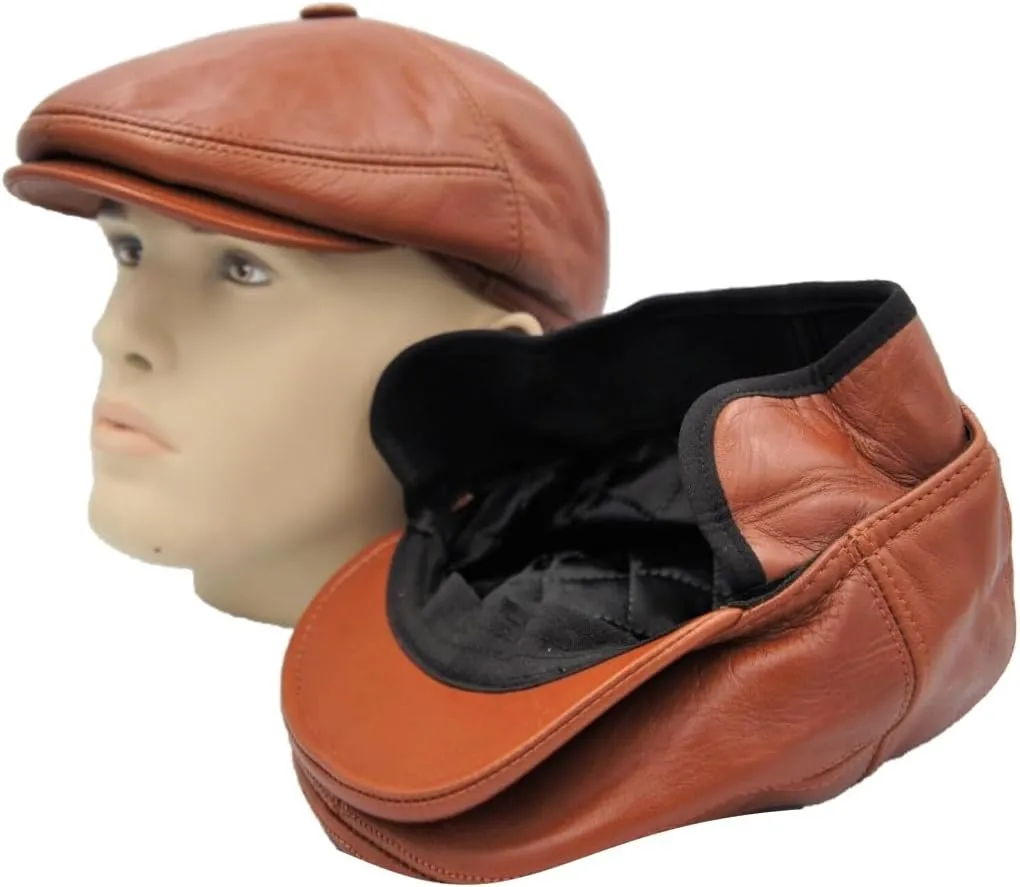 Men's Brown Ivy League Classic Flat Cap - Newsboy Cap - Genuine Sheepskin Leather - Warm & Breathable - Ear Warmer