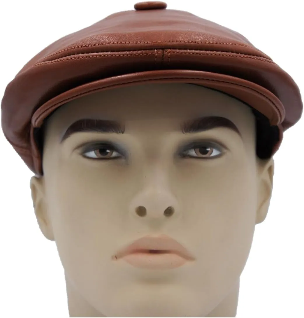 Men's Brown Ivy League Classic Flat Cap - Newsboy Cap - Genuine Sheepskin Leather - Warm & Breathable - Ear Warmer
