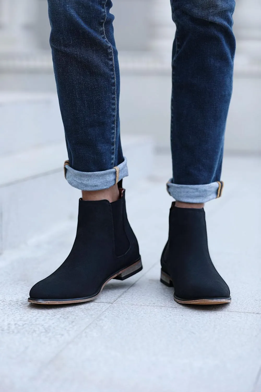 Mens Chelsea Boot Slip On Pointed Toe Stacked Low Heel Faux Suede Casual Dress Boot