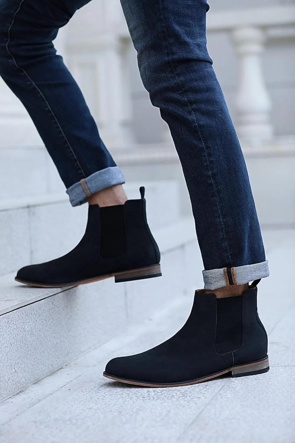 Mens Chelsea Boot Slip On Pointed Toe Stacked Low Heel Faux Suede Casual Dress Boot
