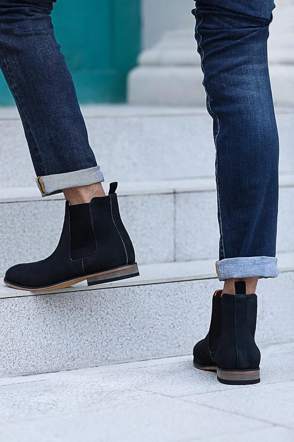 Mens Chelsea Boot Slip On Pointed Toe Stacked Low Heel Faux Suede Casual Dress Boot