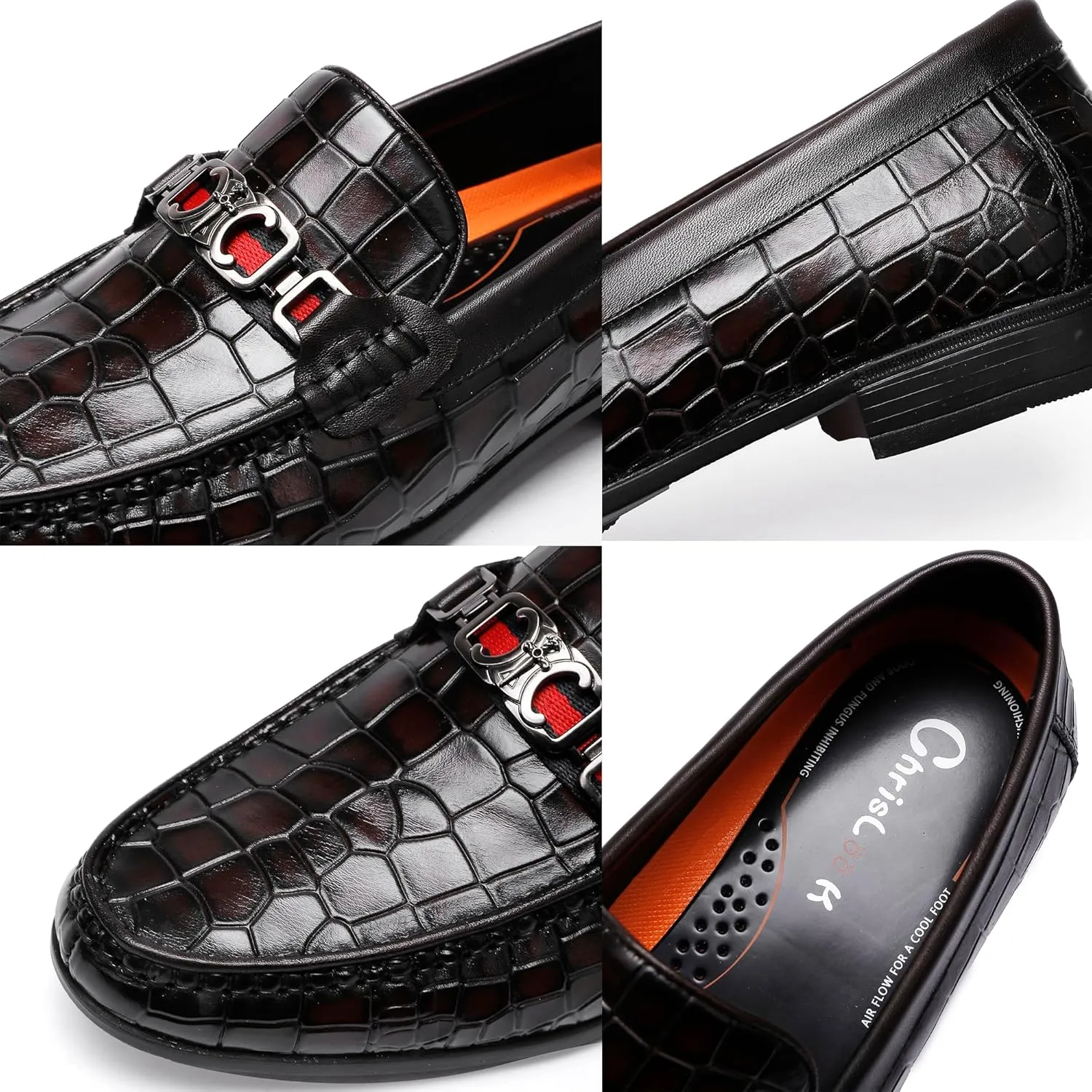Men's Crocodile Pattern Leather Slip-on Loafers, Formal Dress Shoes for Men