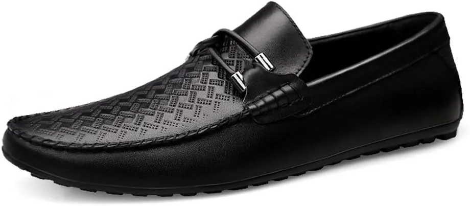 Men's Genuine Leather Slip On Penny Loafers Casual Light-Weight Breathable Embossed Shoes Vegan Knot Anti Slip Flat Round Toe