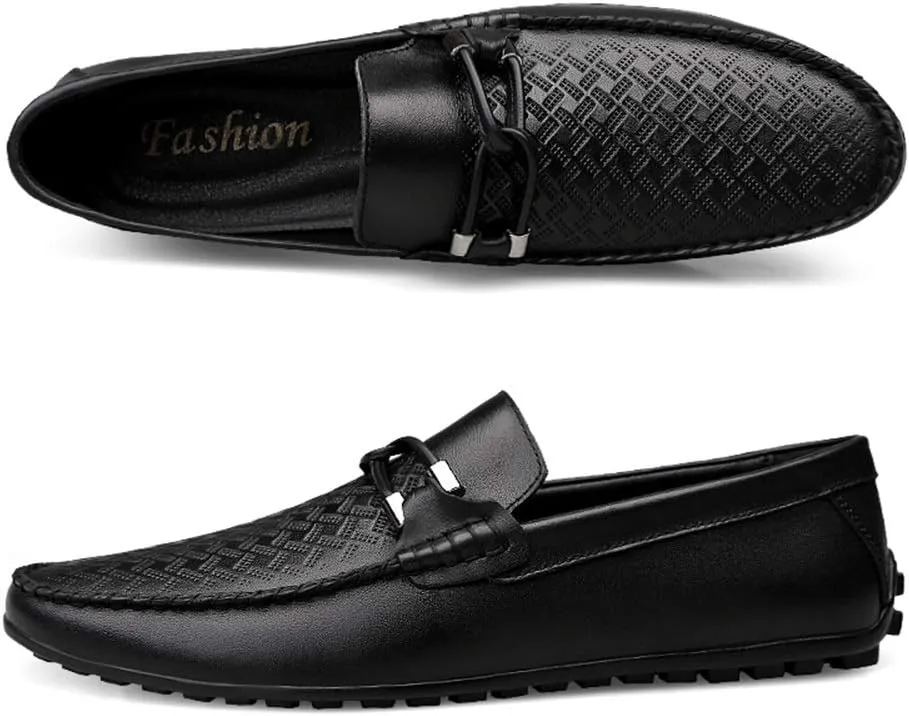 Men's Genuine Leather Slip On Penny Loafers Casual Light-Weight Breathable Embossed Shoes Vegan Knot Anti Slip Flat Round Toe