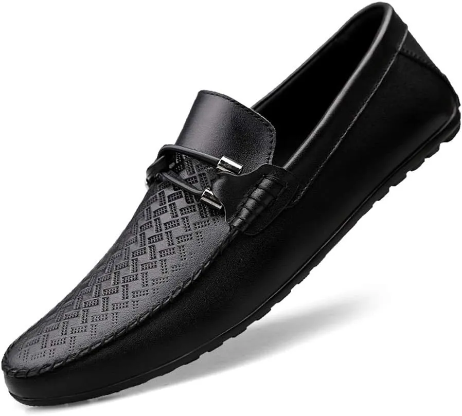 Men's Genuine Leather Slip On Penny Loafers Casual Light-Weight Breathable Embossed Shoes Vegan Knot Anti Slip Flat Round Toe
