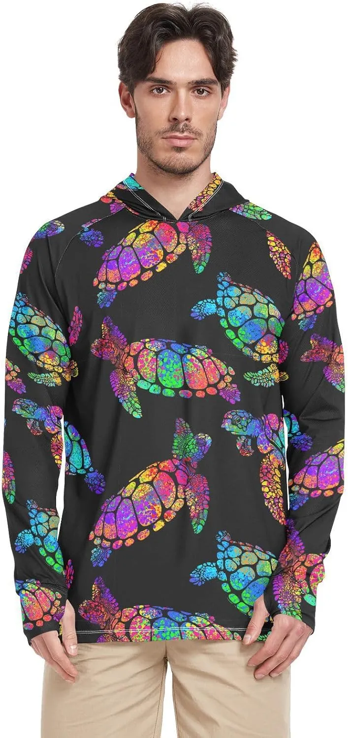 Mens Hoodie Sun Protection Long Sleeve Sea Turtle Sun Shirt with Hood UPF 50  Sailing Shirts Rash Guard Shirts