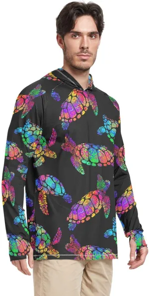 Mens Hoodie Sun Protection Long Sleeve Sea Turtle Sun Shirt with Hood UPF 50  Sailing Shirts Rash Guard Shirts