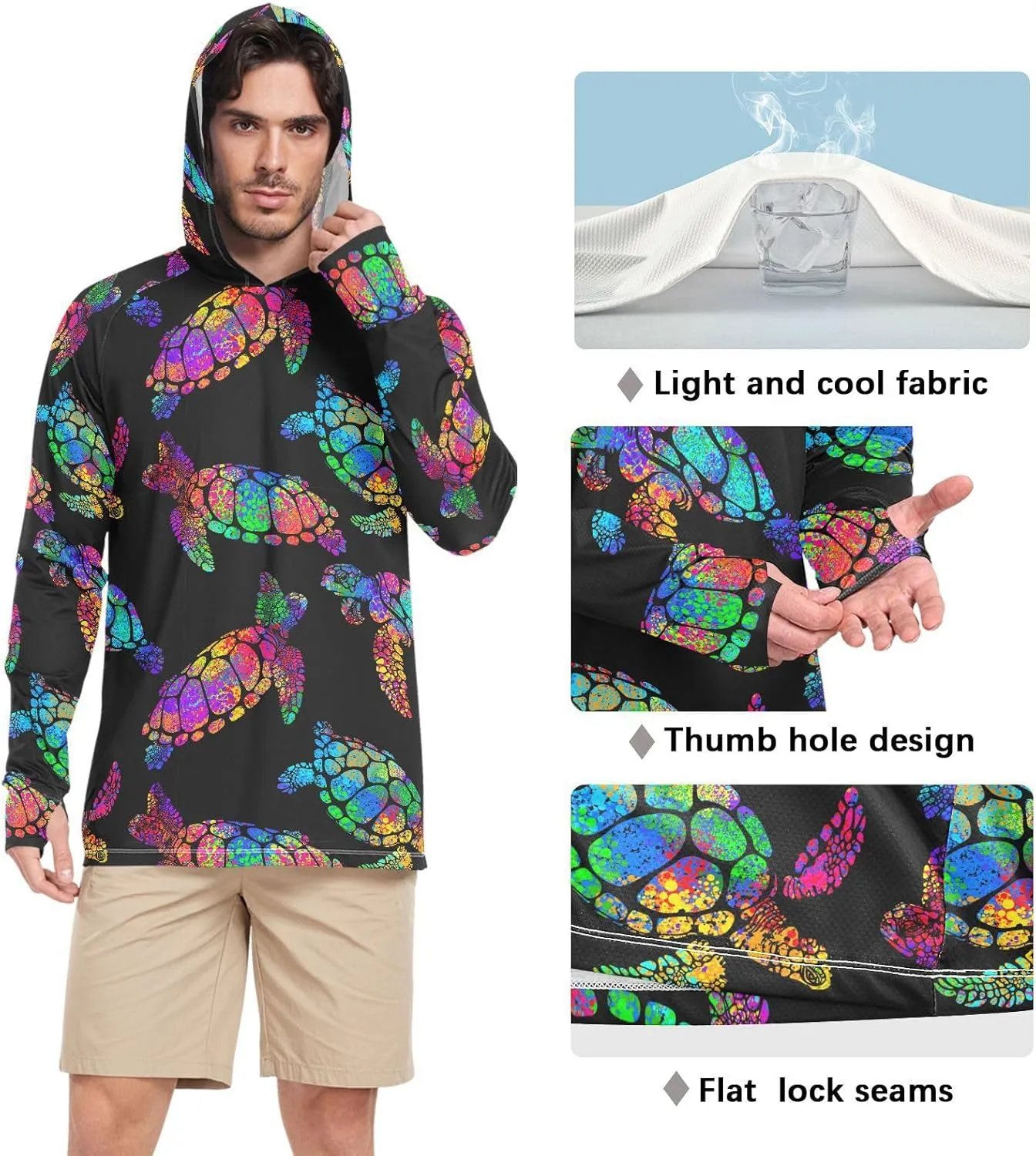 Mens Hoodie Sun Protection Long Sleeve Sea Turtle Sun Shirt with Hood UPF 50  Sailing Shirts Rash Guard Shirts