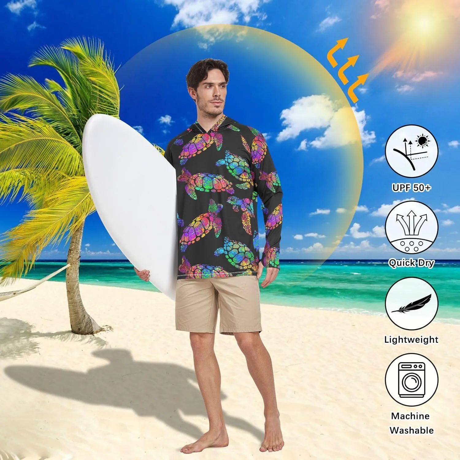 Mens Hoodie Sun Protection Long Sleeve Sea Turtle Sun Shirt with Hood UPF 50  Sailing Shirts Rash Guard Shirts