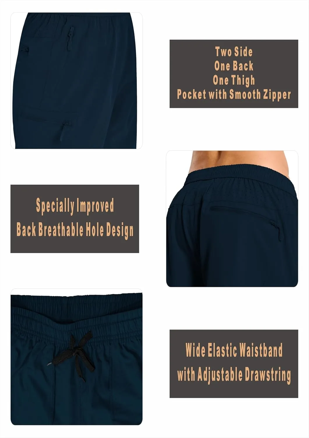 Mens Hybrid Shorts for Running Athletic Hiking Sports Workout Quick Dry Lightweight Breathable with 4 Zipper Pocket